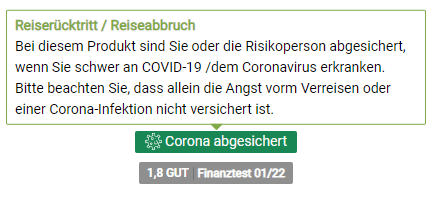 Screenshot des Buttons "Corona abgesichert" und eines kleinen Pop-Ups mit Details dazu.