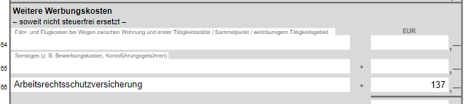 Nahaufnahme des Abschnitts "Weitere Werbungskosten" der Anlage N, in der Zeile 66 ist "Arbeitsrechtsschutzversicherung: 137 Euro" eingetragen