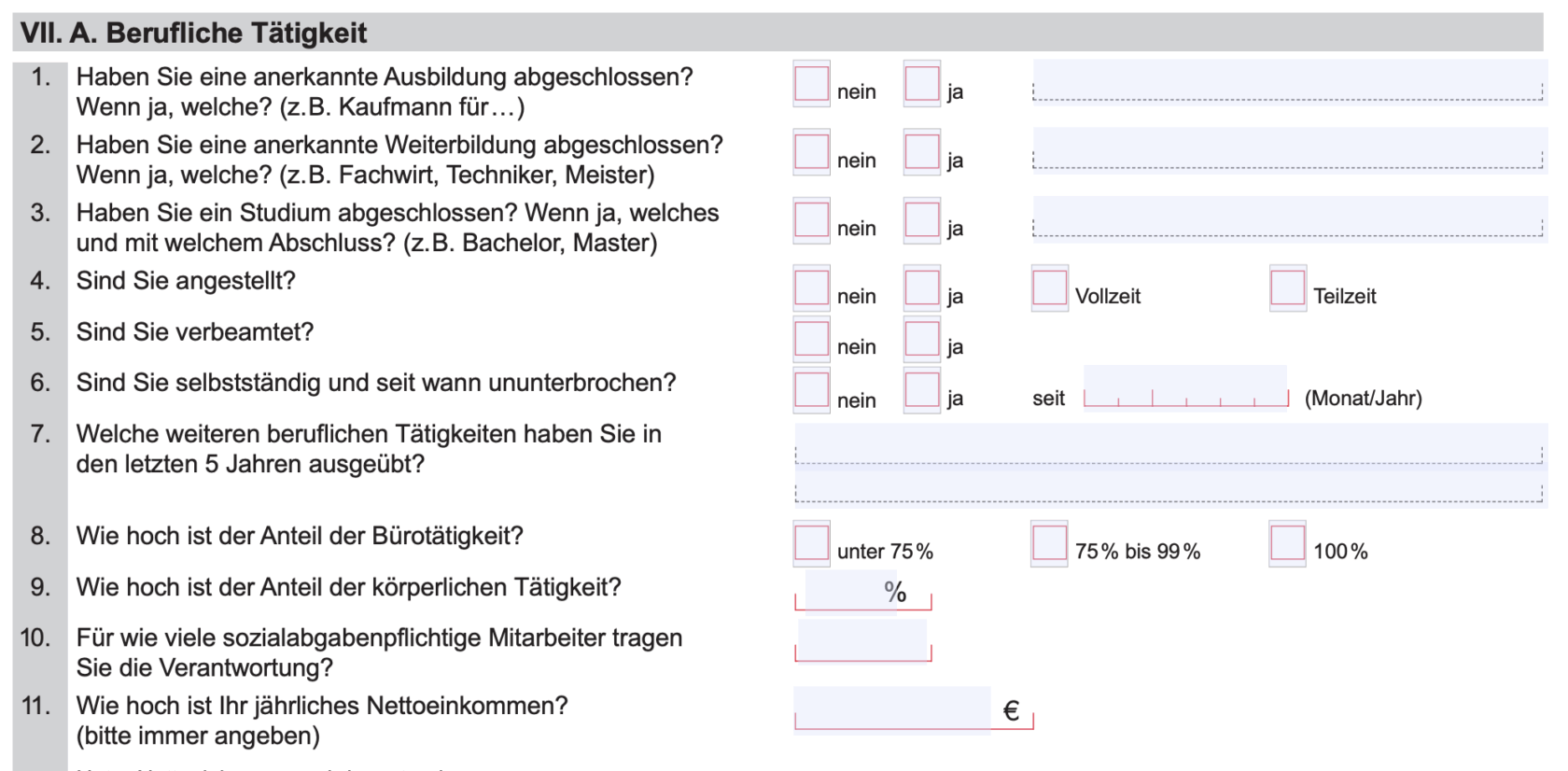Screenshot Fragen zur beruflichen Tätigkeit MetallRente
